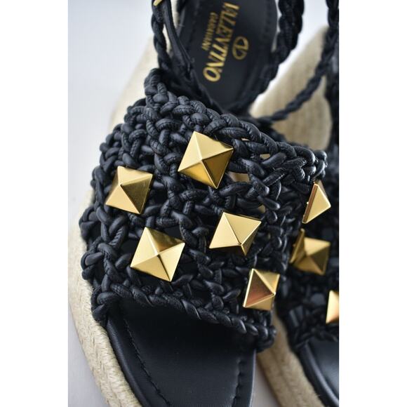 Valentino Rockstud Roman Stud Black Leather Espadrille Wedge Lace Up Sandal 37.5 - Picture 5 of 10